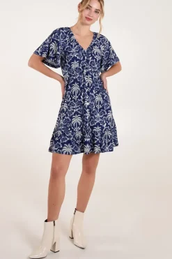 Button Through Elastic Waist Mini Dress