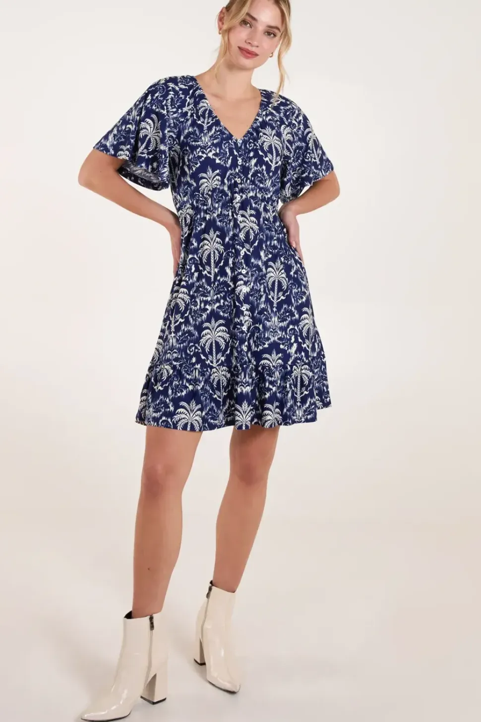 Button Through Elastic Waist Mini Dress