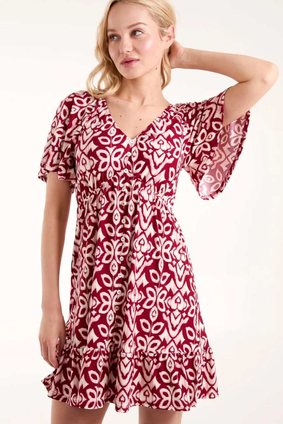 Button Through Elastic Waist Mini Dress