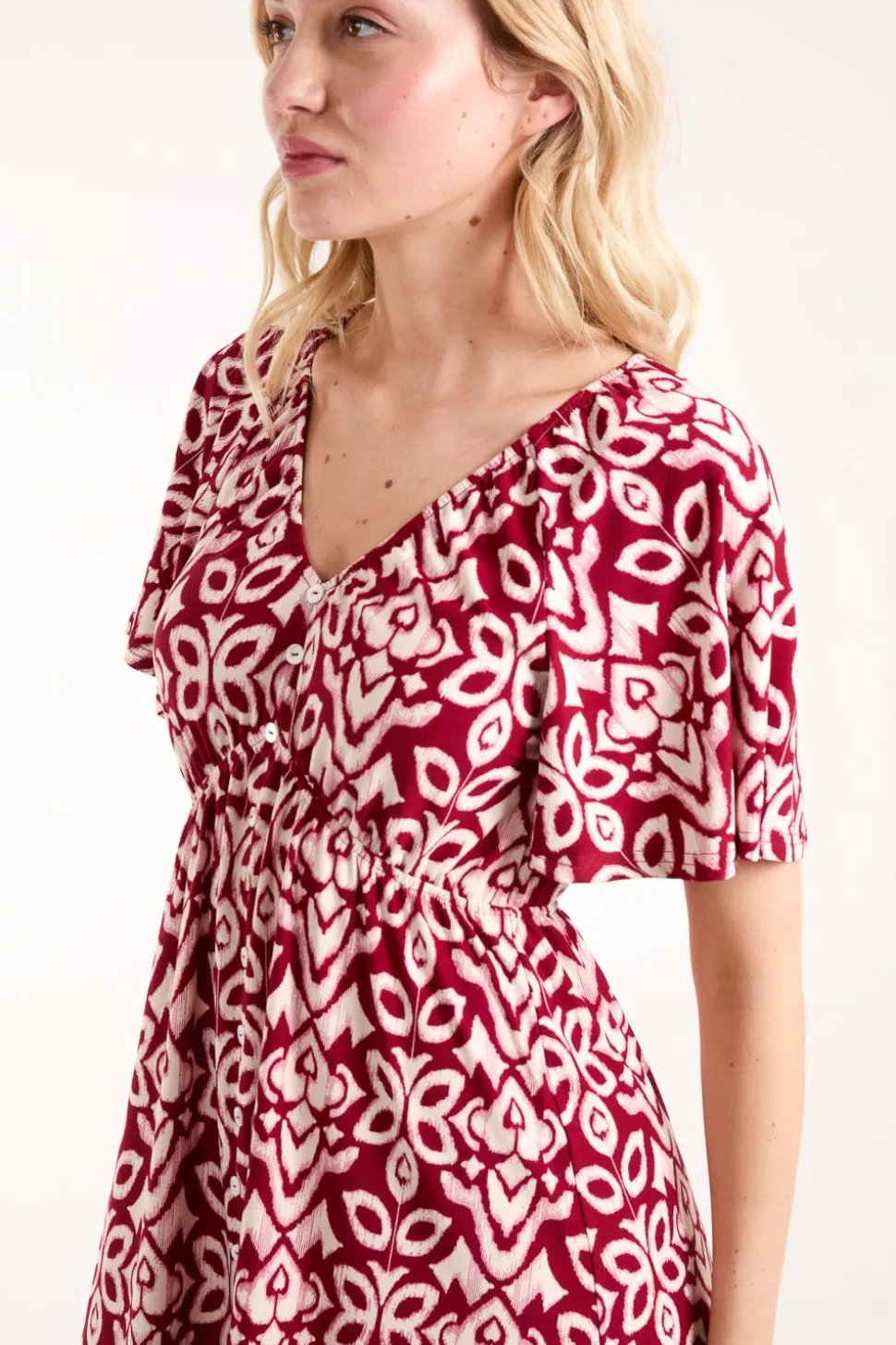 Button Through Elastic Waist Mini Dress