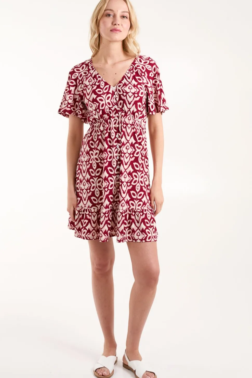 Button Through Elastic Waist Mini Dress