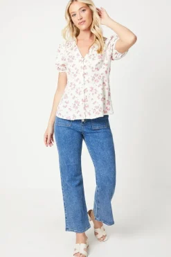 Button Through Short Sleeve Tea Blouse