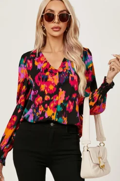 Button Through V Neck Long Sleeve Blouse Top