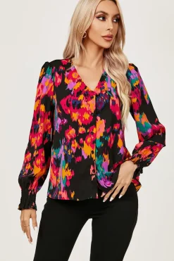 Button Through V Neck Long Sleeve Blouse Top
