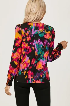 Button Through V Neck Long Sleeve Blouse Top