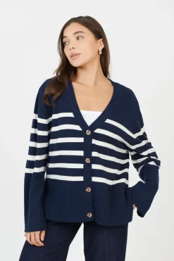 Button Through V-neck Stripe Cardigan