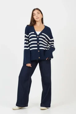 Button Through V-neck Stripe Cardigan