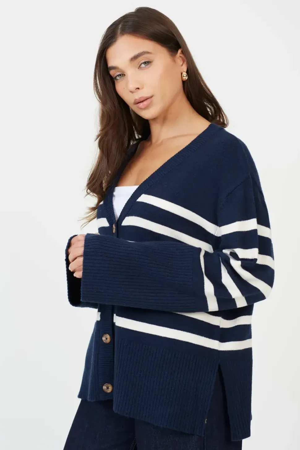 Button Through V-neck Stripe Cardigan