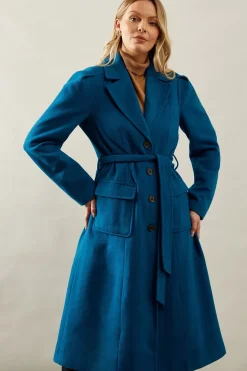 Button Through Wool Mix Fit And Flare Coat