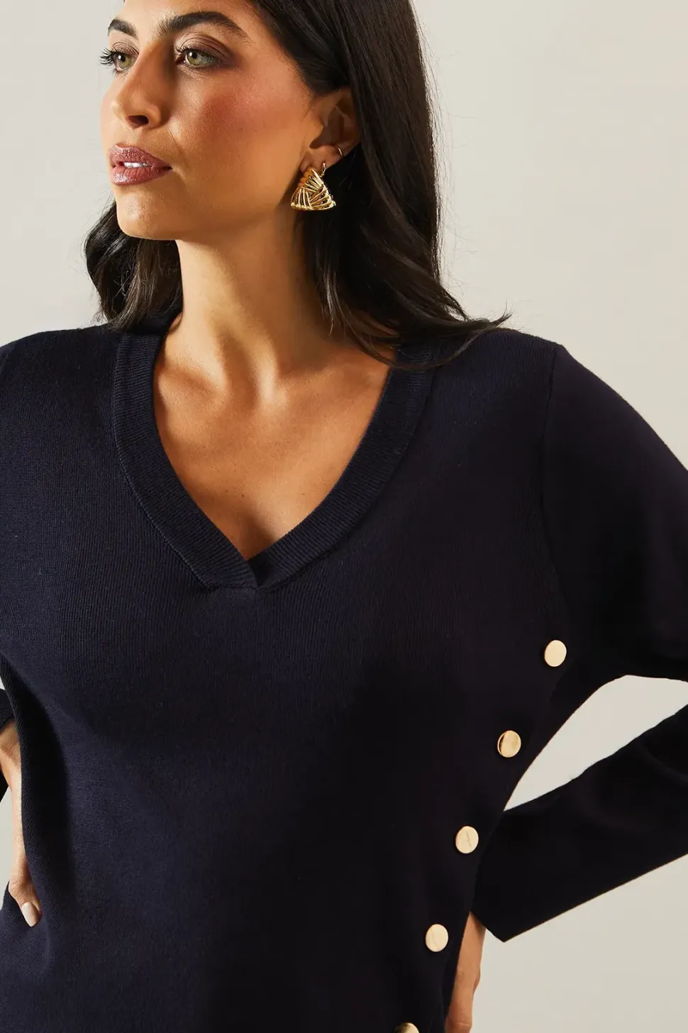 Button V Neck Jumper