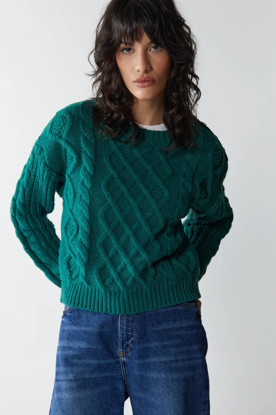 Cable Button Shoulder Crew Neck Jumper
