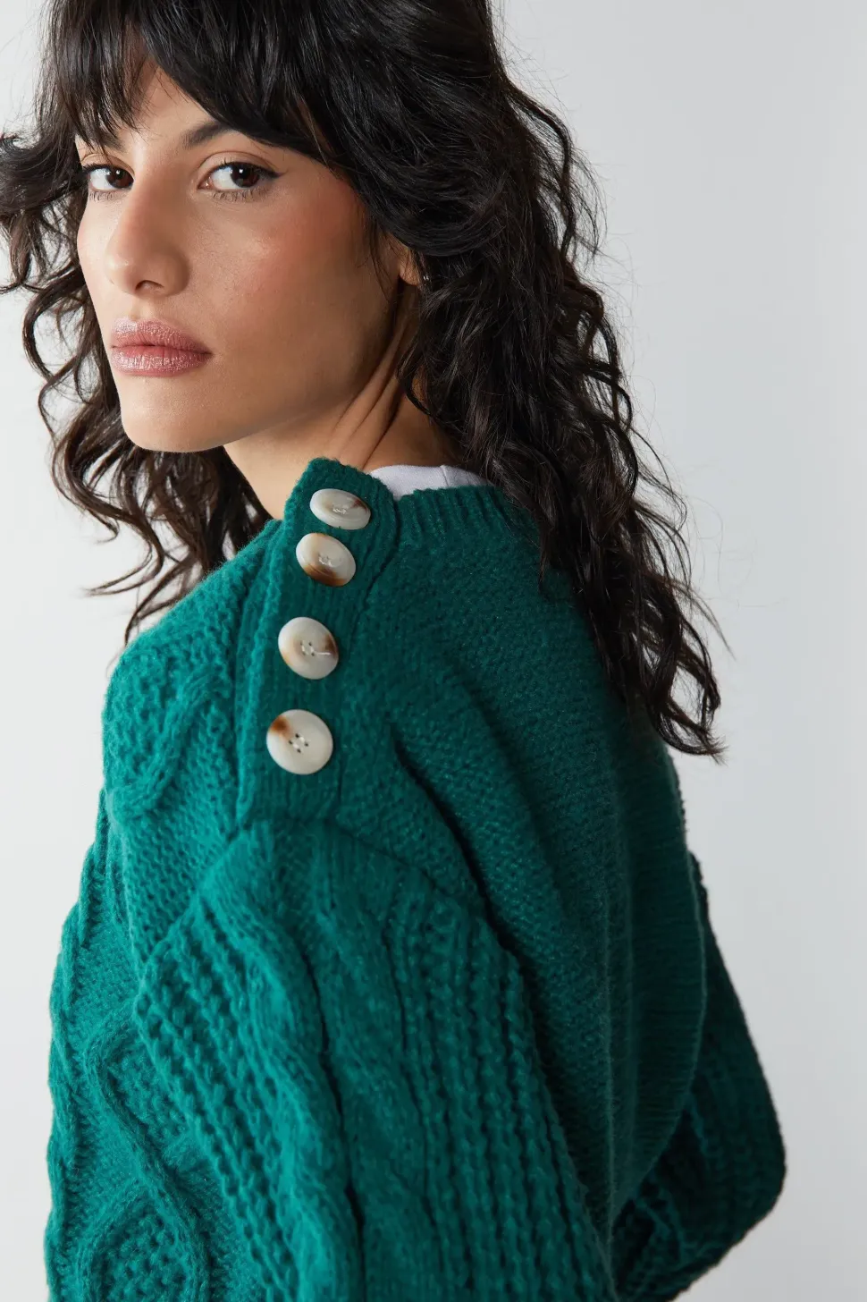 Cable Button Shoulder Crew Neck Jumper