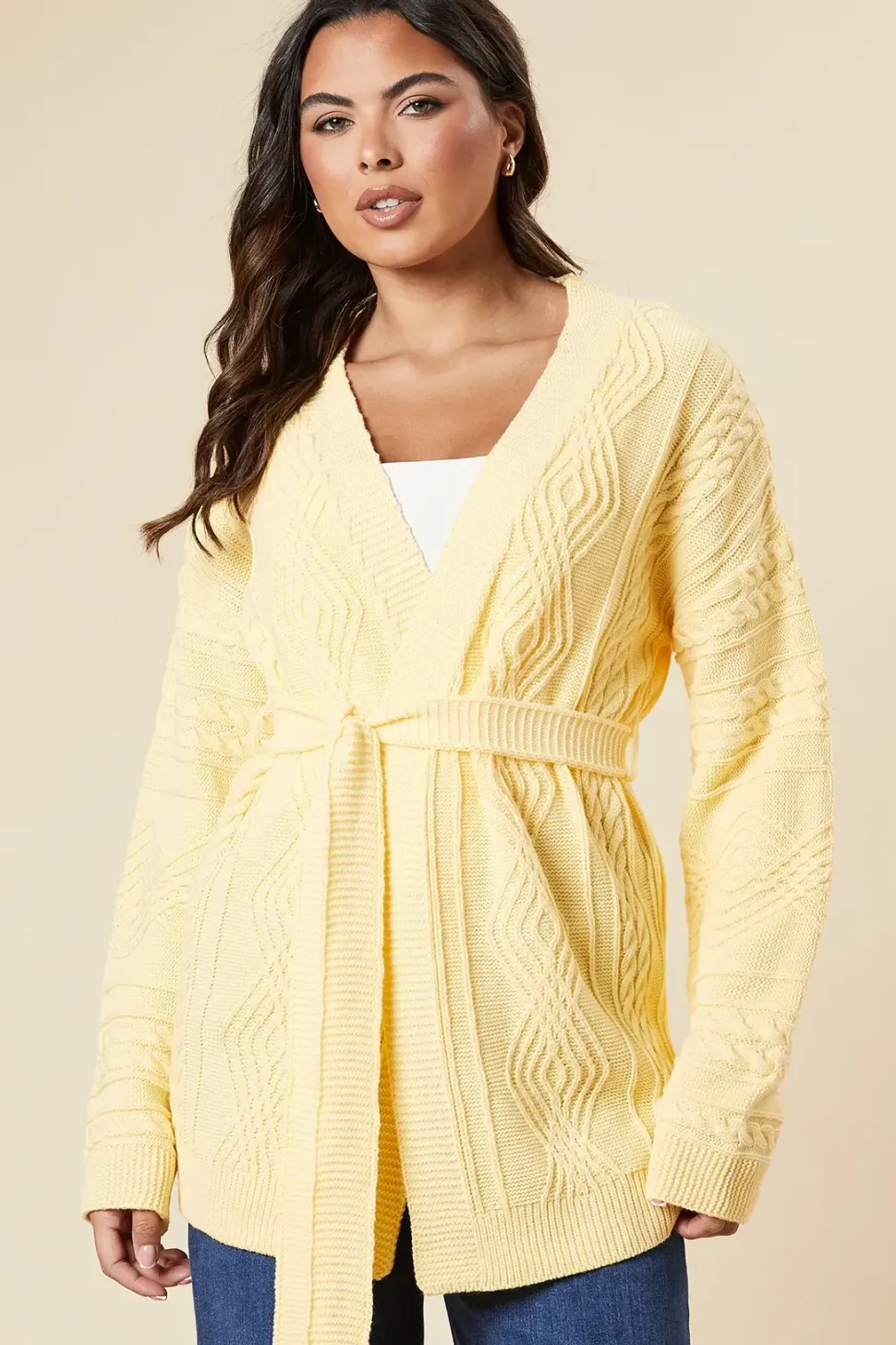 Cable Knit Belted Edge To Edge Cardigan