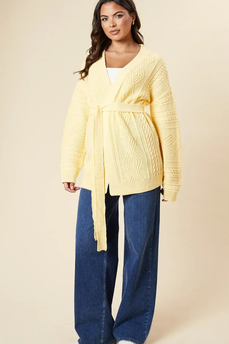 Cable Knit Belted Edge To Edge Cardigan