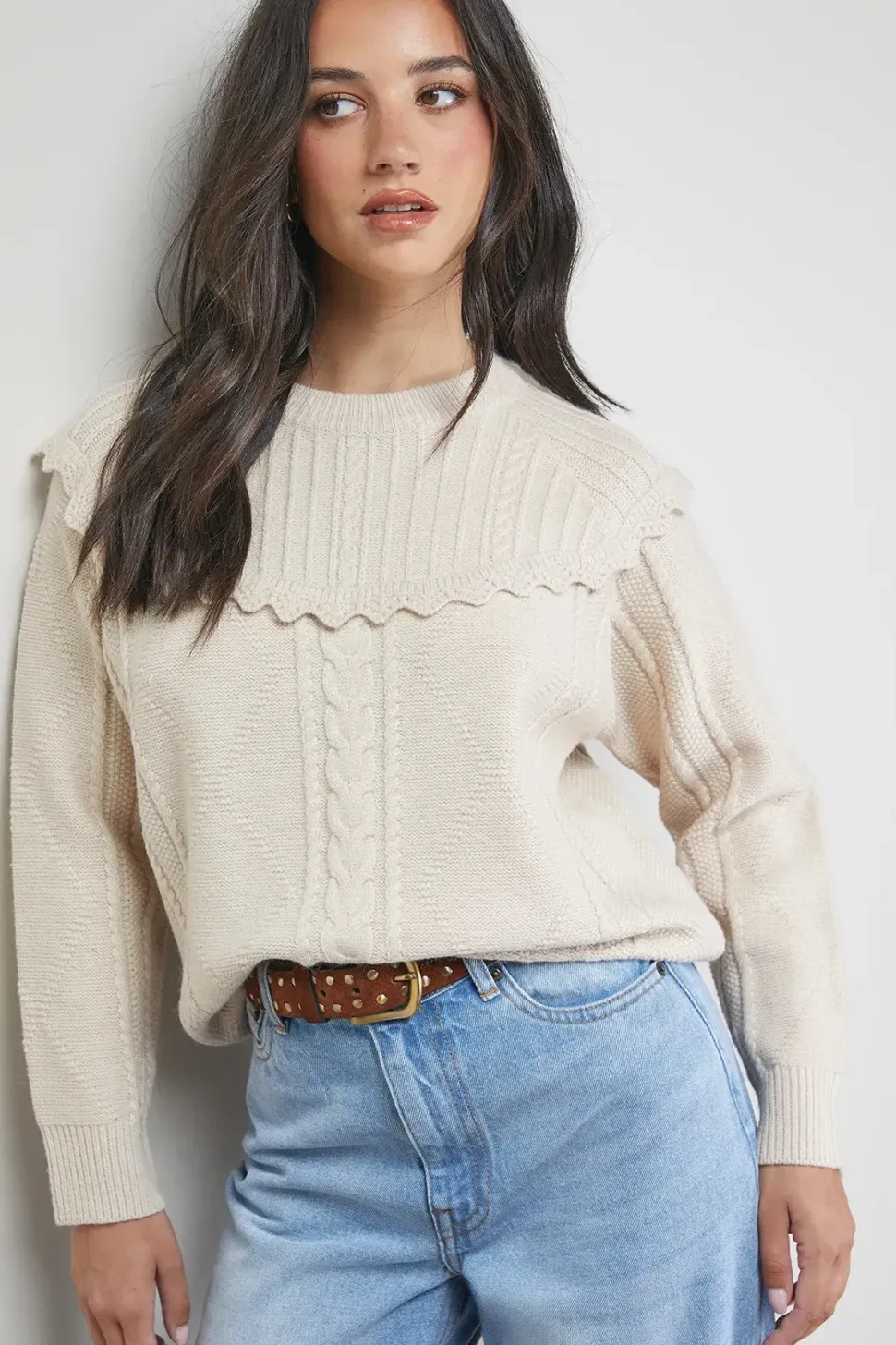 Cable Knitted Crochet Trim Detail Jumper