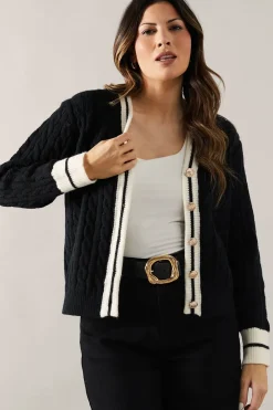Cable Knit Tipped Button Down Cardigan