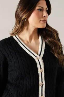 Cable Knit Tipped Button Down Cardigan