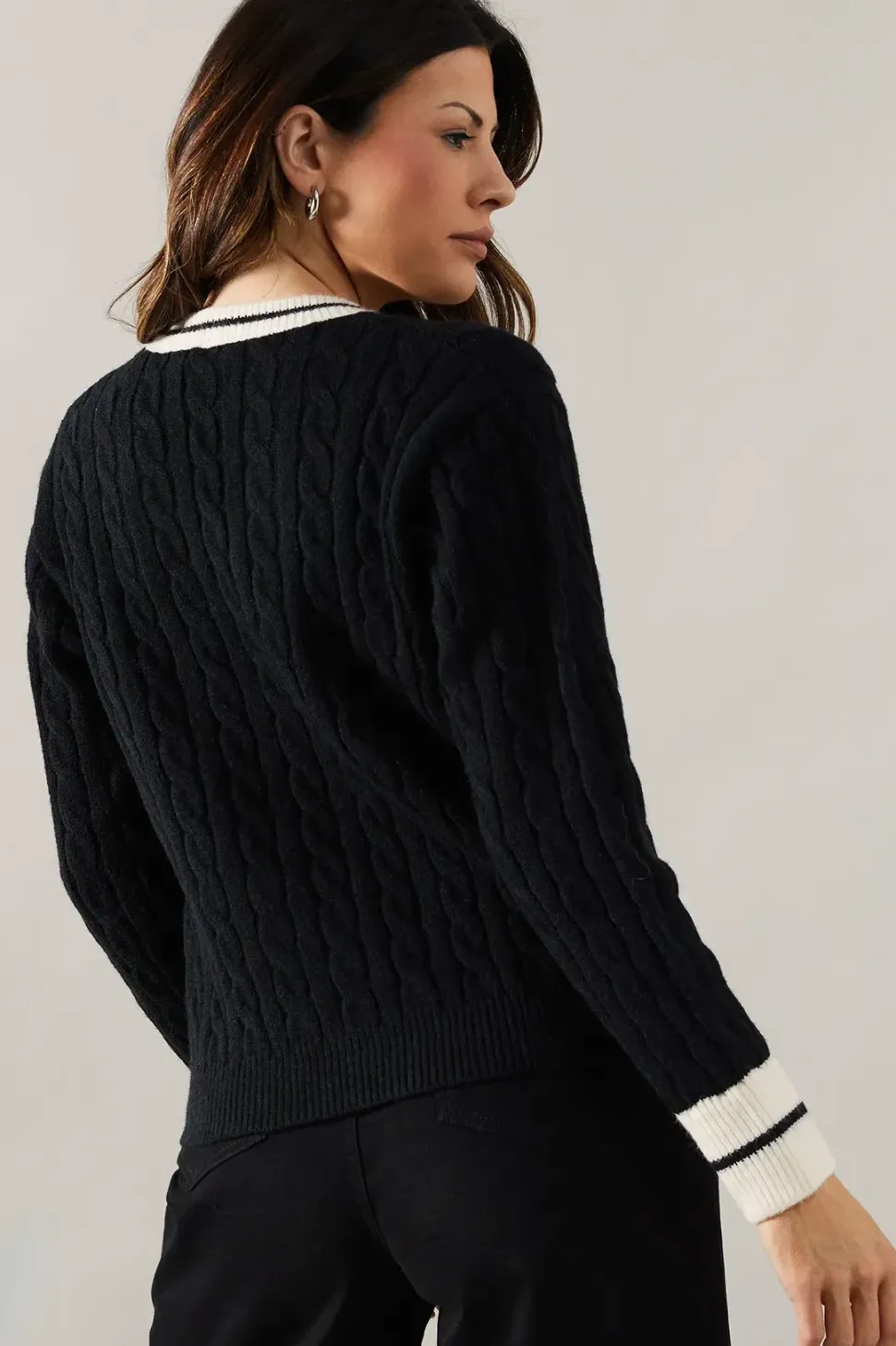 Cable Knit Tipped Button Down Cardigan