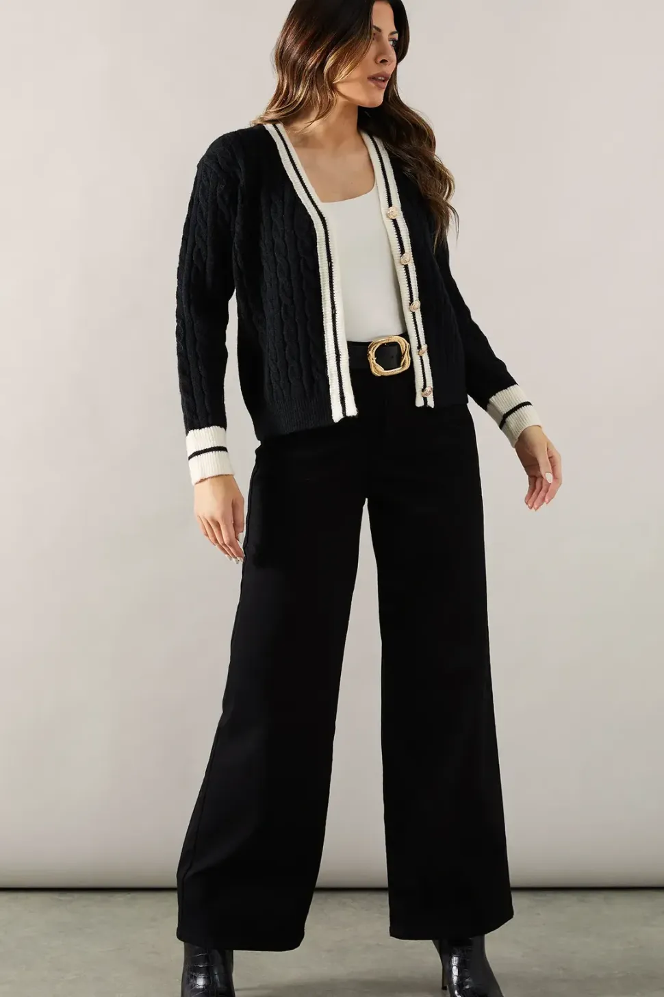 Cable Knit Tipped Button Down Cardigan