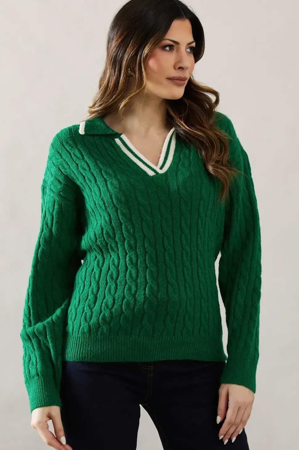 Cable Knit Tipped Collared Jumper