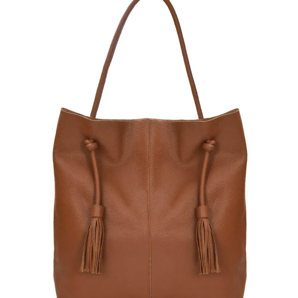 Camel Drawcord Leather Hobo Shoulder Bag
