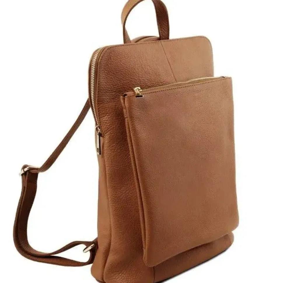 Camel Soft Pebbled Leather Pocket Backpack | BYEYL