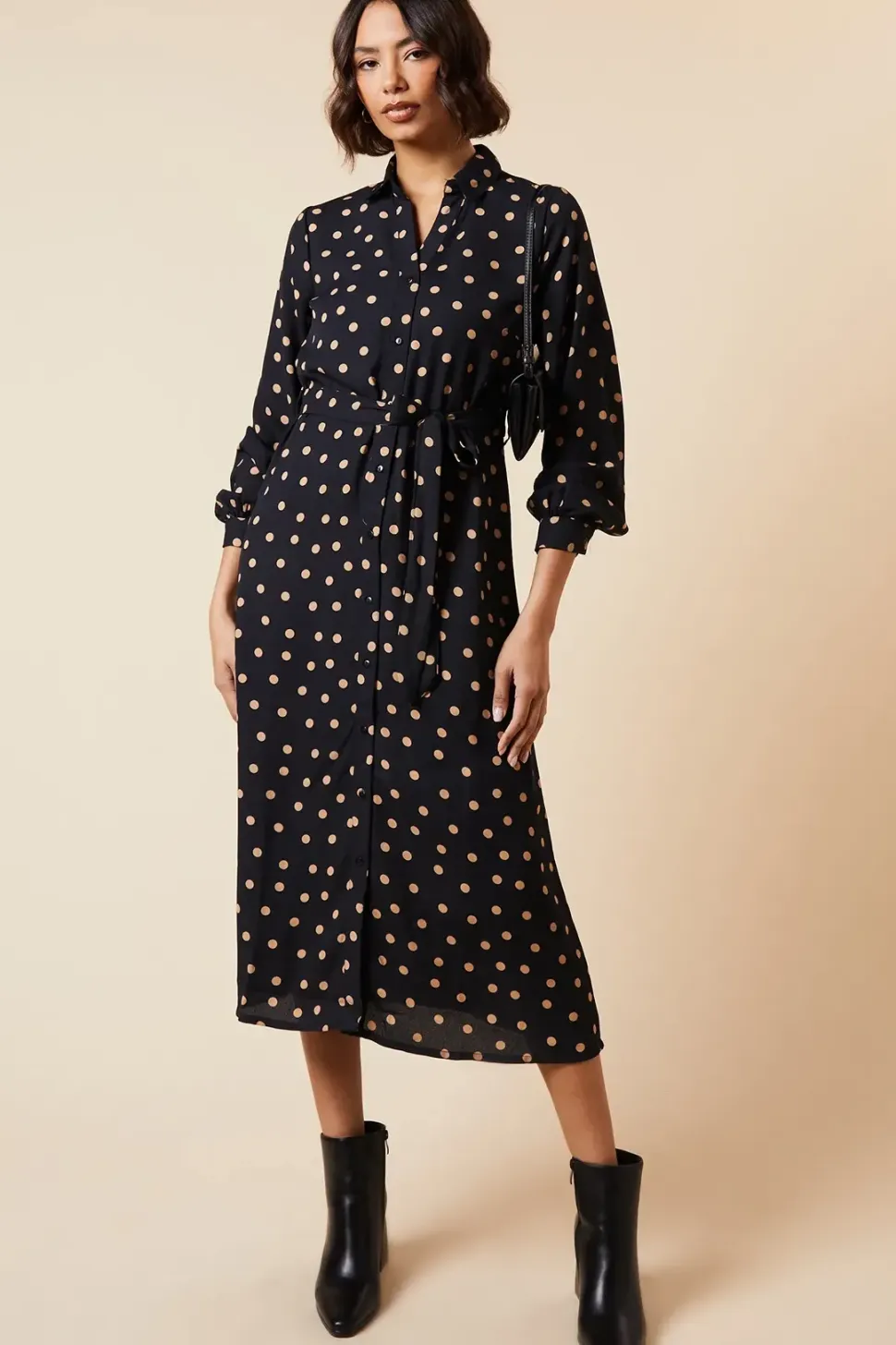 Camel Spot Button Through Midi Shirt Dress