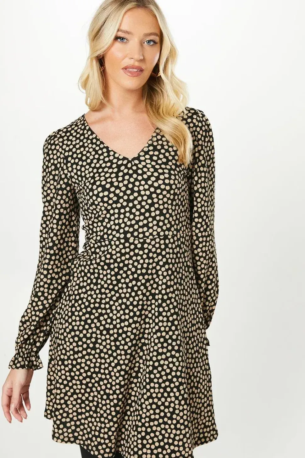 Camel Spot V Neck Mini Dress