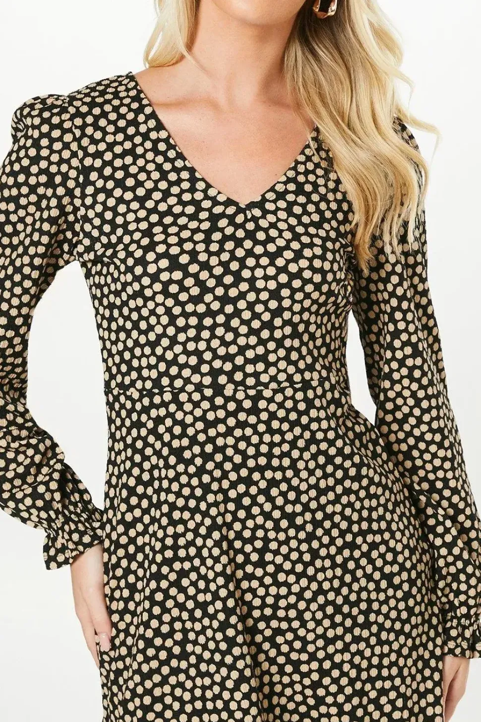 Camel Spot V Neck Mini Dress