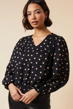 Camel Spot V Neck Shirred Hem Blouse