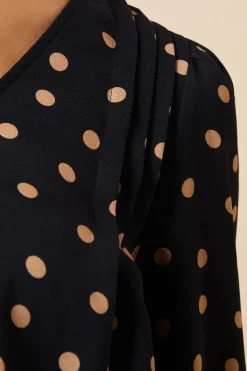Camel Spot V Neck Shirred Hem Blouse