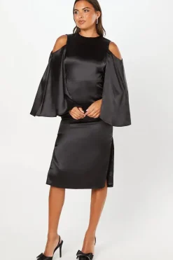Cape Back Satin Midi Wedding Guest Dress