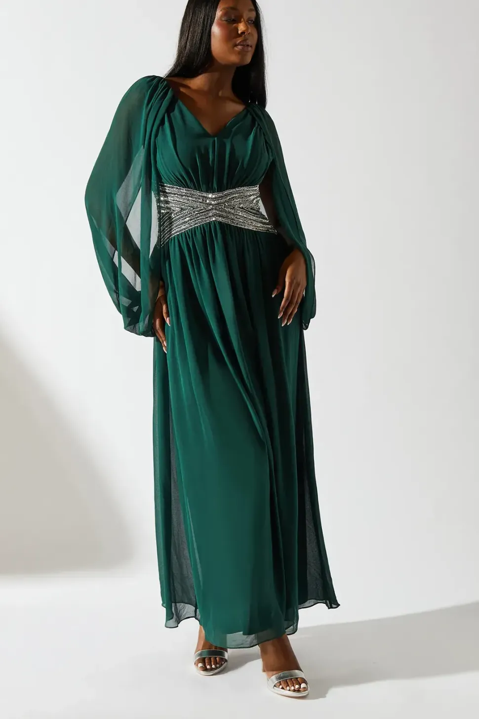 Cape Shoulder Chiffon Embellished Waistband Maxi Dress