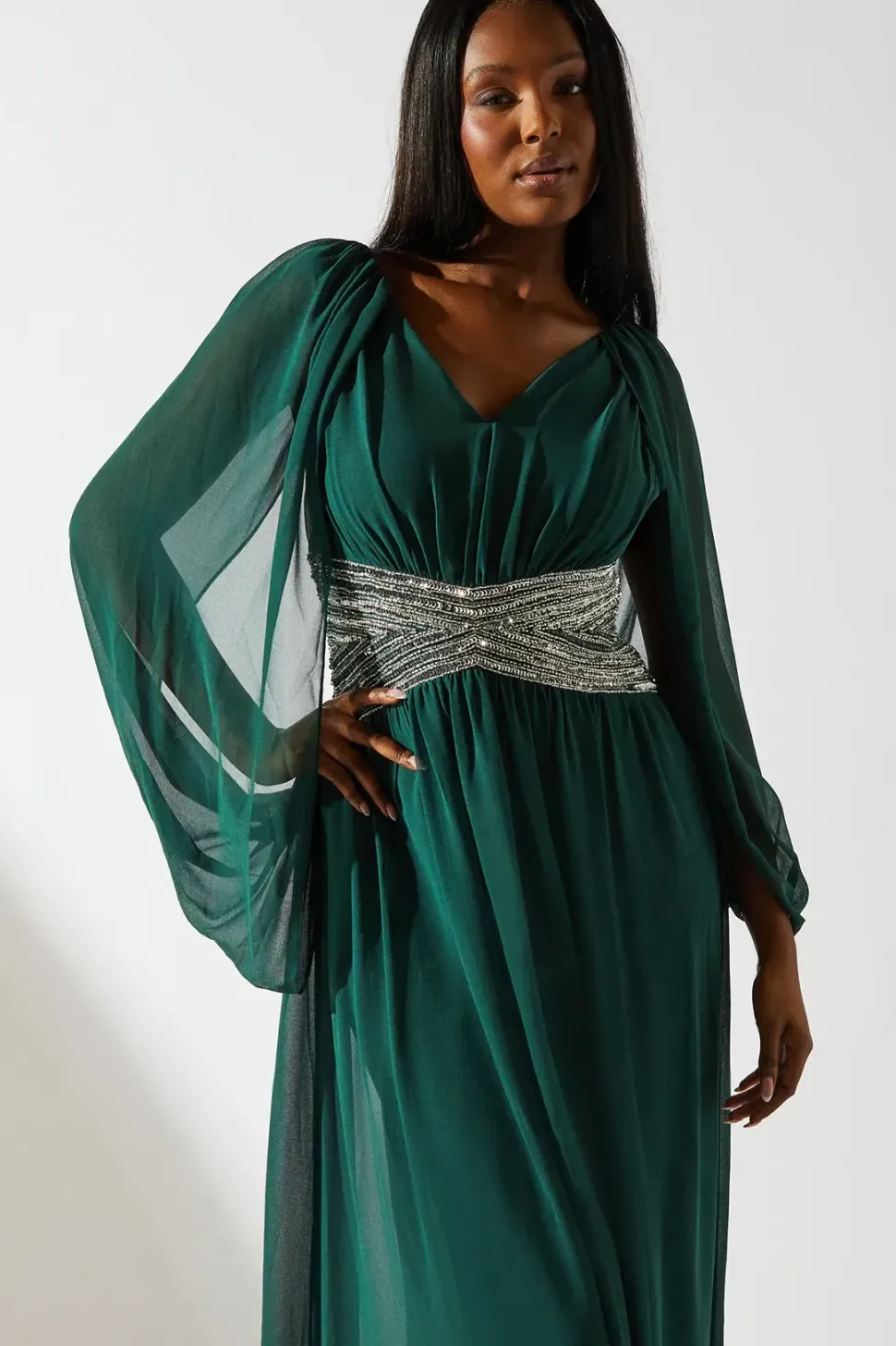 Cape Shoulder Chiffon Embellished Waistband Maxi Dress