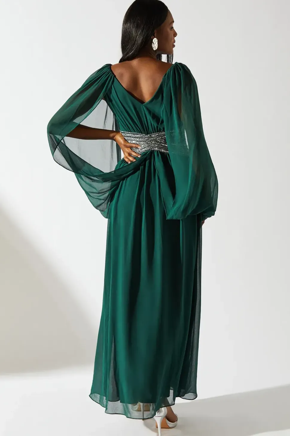 Cape Shoulder Chiffon Embellished Waistband Maxi Dress