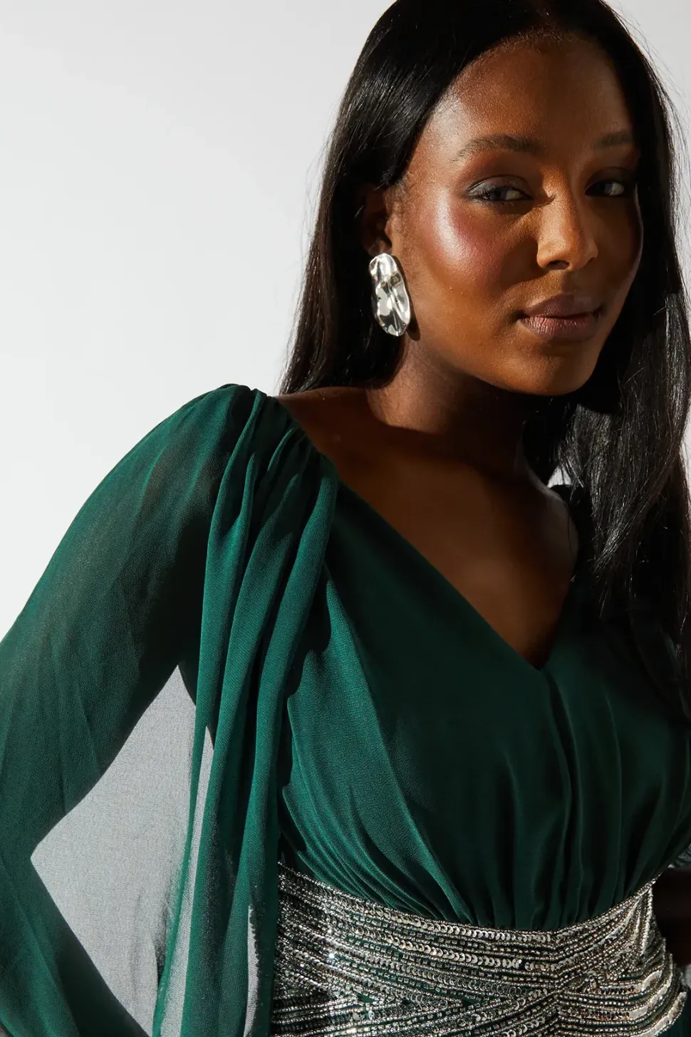 Cape Shoulder Chiffon Embellished Waistband Maxi Dress
