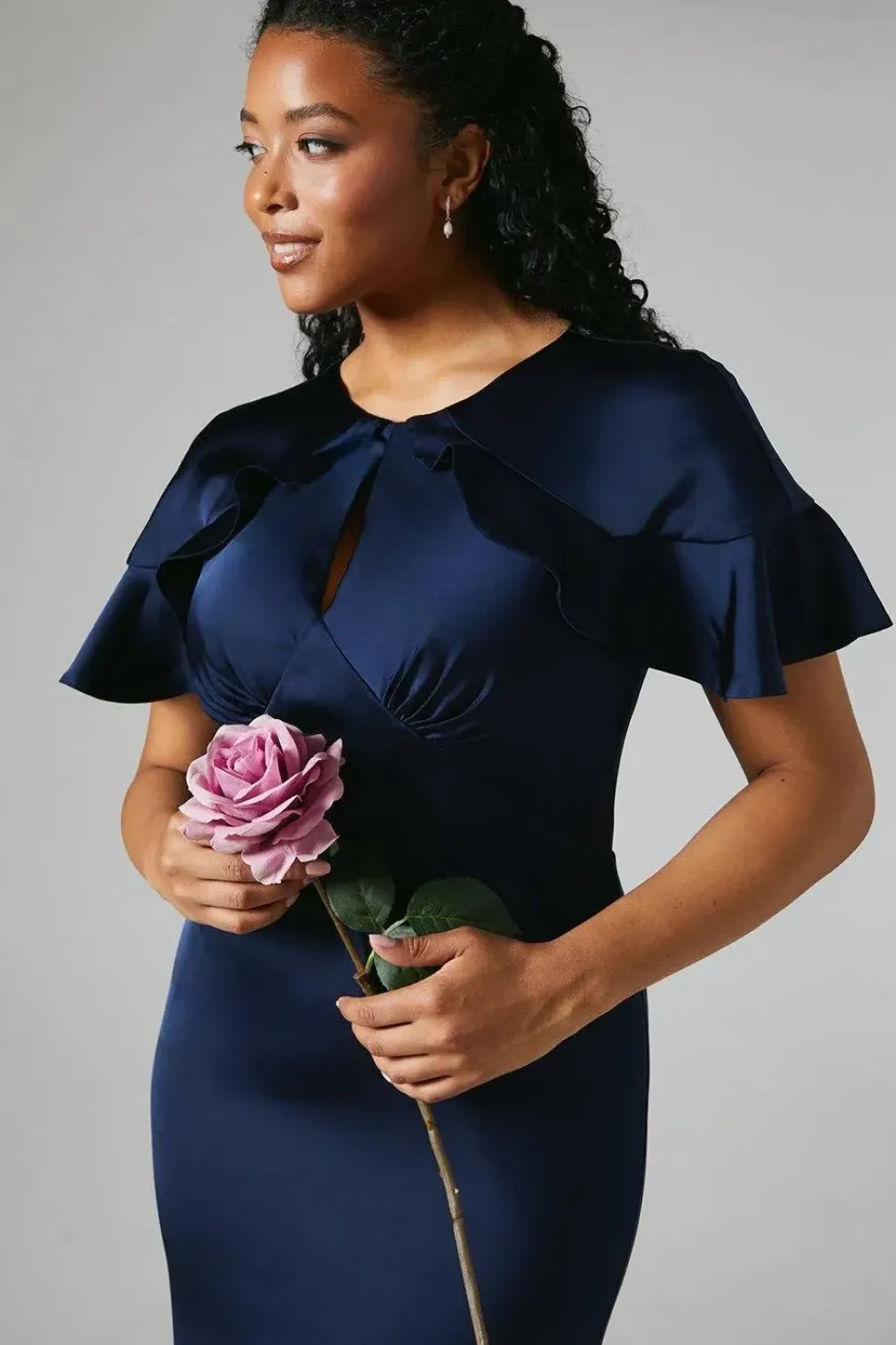 Cape Shoulder Keyhole Detail Satin Bridesmaid Maxi Dress