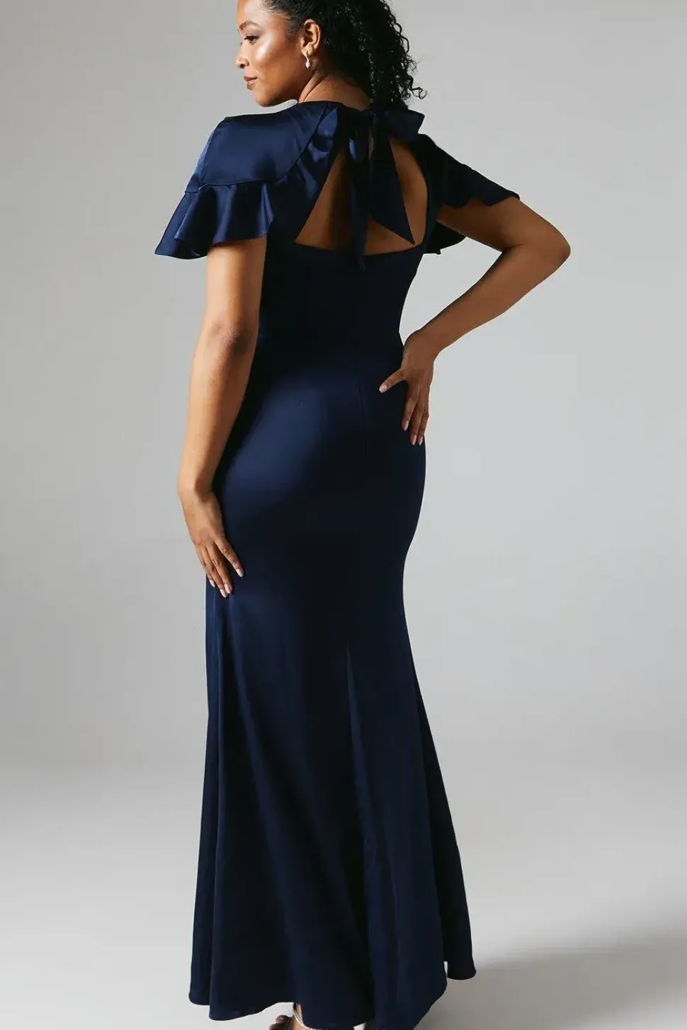 Cape Shoulder Keyhole Detail Satin Bridesmaid Maxi Dress