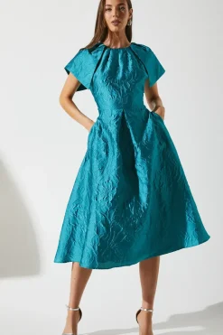 Cape Sleeve Detail Jacquard Midi Wedding Guest Dress