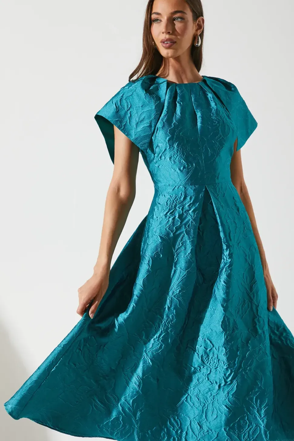 Cape Sleeve Detail Jacquard Midi Wedding Guest Dress