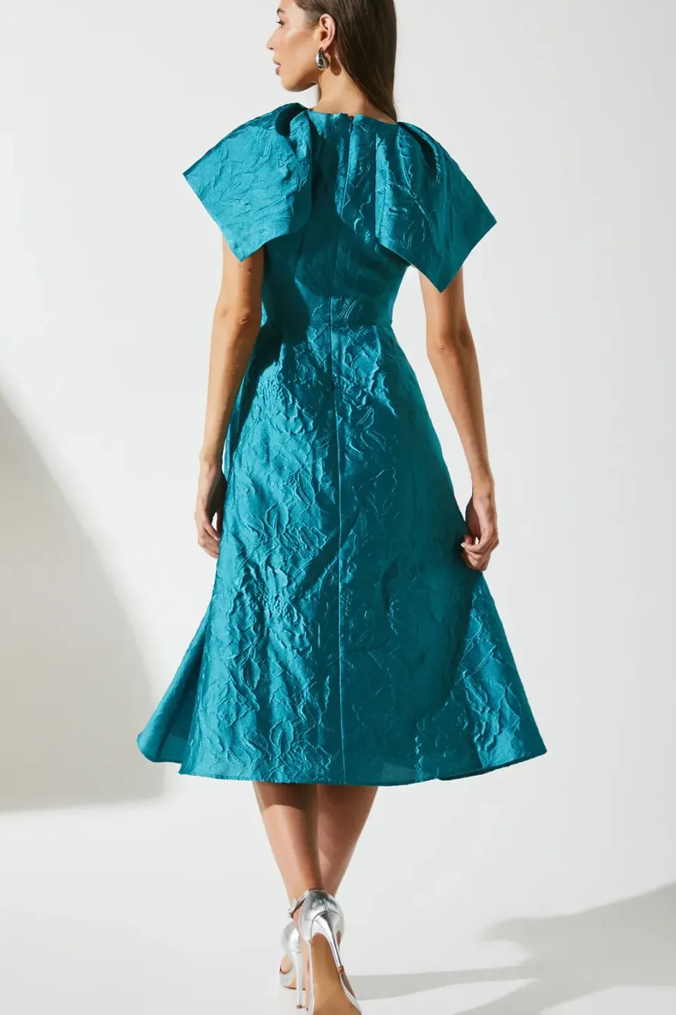 Cape Sleeve Detail Jacquard Midi Wedding Guest Dress