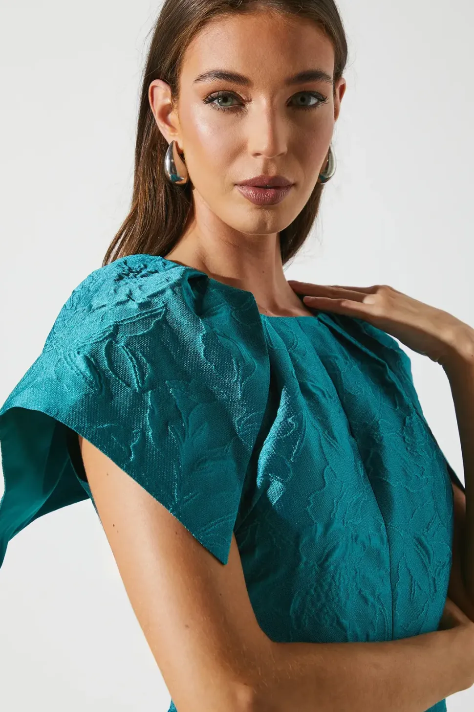 Cape Sleeve Detail Jacquard Midi Wedding Guest Dress