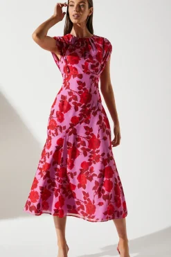 Cap Sleeve Floral Chiffon Midi Dress