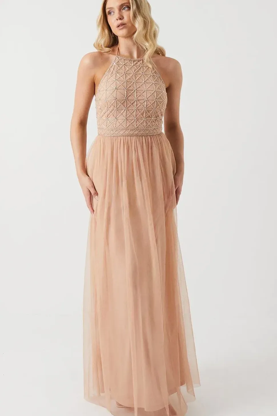 Celestial Embellished Halter Neck Bridesmaid Midi Dress