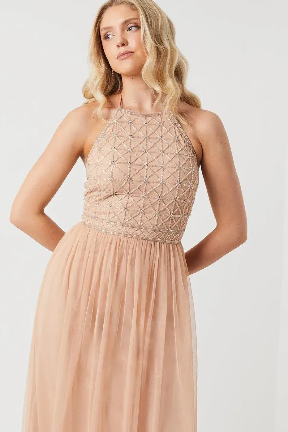 Celestial Embellished Halter Neck Bridesmaid Midi Dress