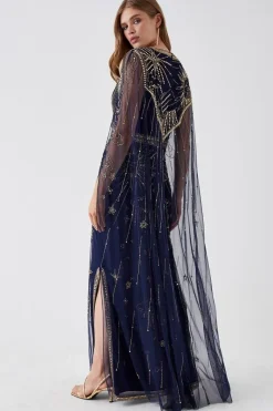 Celestial Hand Embellished Cape Back Maxi Dress