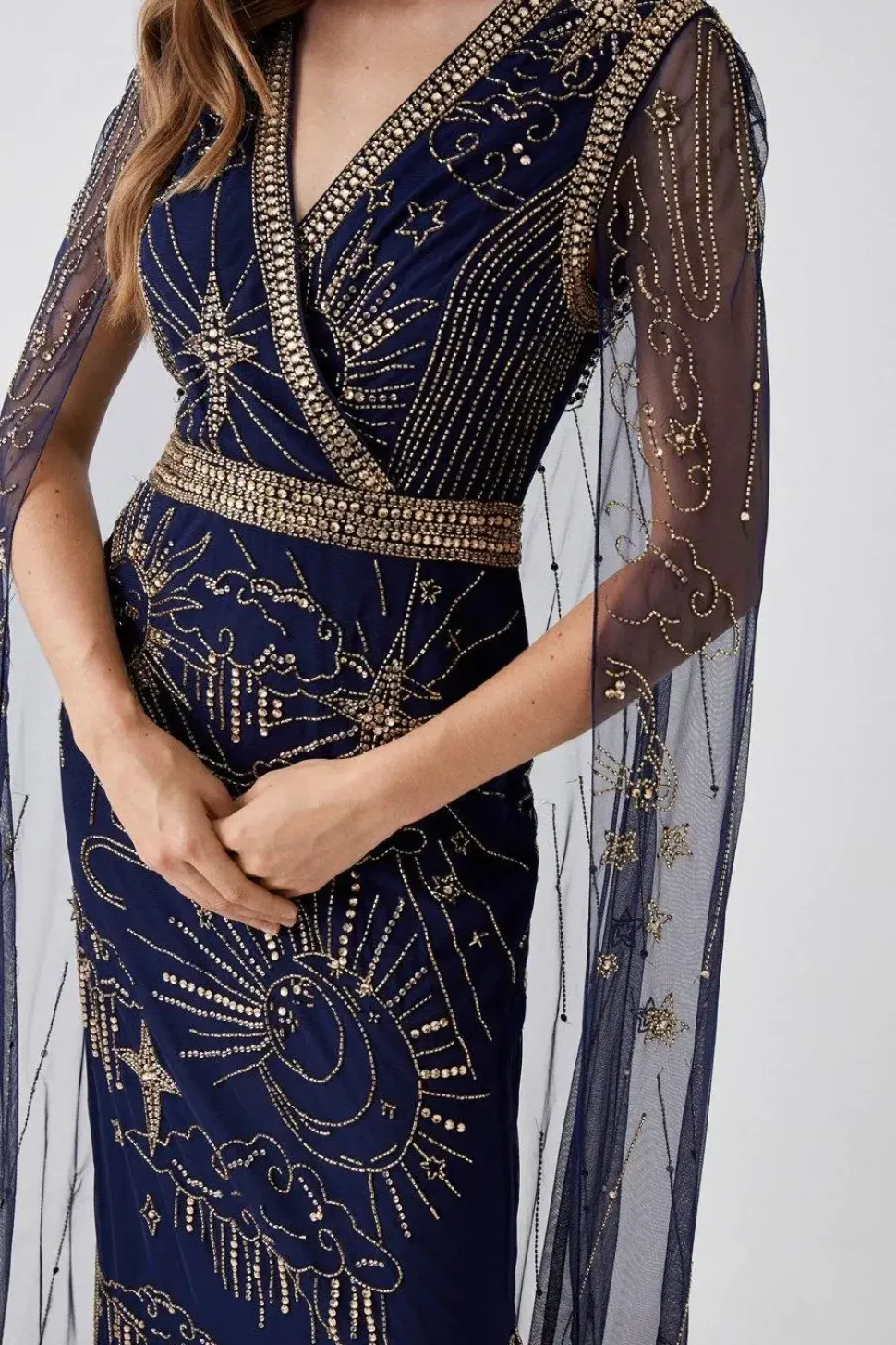 Celestial Hand Embellished Cape Back Maxi Dress