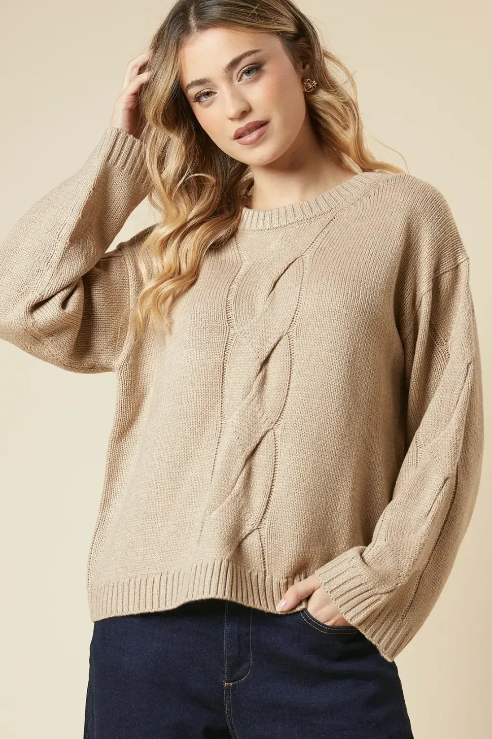 Centre Front Cable Design Crew Neck Jumper
