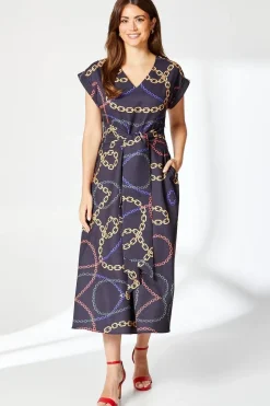 Chain Print Belted Midi Dress