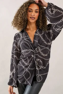 Chain Print Knot Detail Collared Blouse